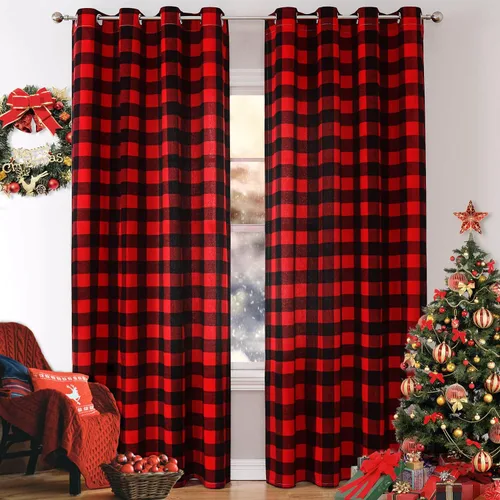 Miniatura 9 de Cortinas navideñas de búfalo rojo de 50 pulgadas, 2 paneles, cortinas de oscurecimiento con ojales rojos y negros para dormitorio, sala de estar