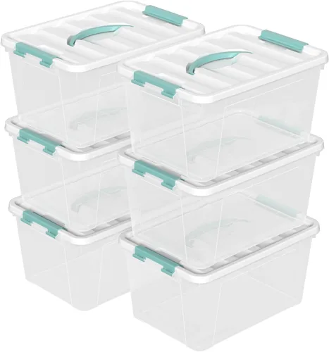 Miniatura 9 de Caja de plástico transparente de 10 L, contenedor de almacenamiento de plástico con tapas, paquete de 4 Clear Plastic Material, Snap Side Latches