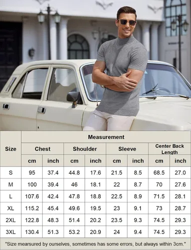 Miniatura 6 de COOFANDY Suéter de cuello alto falso para hombre, de manga corta, color sólido, básico, ajustado, de punto