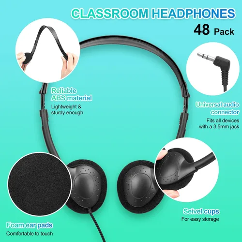 Miniatura 2 de Frienda Paquete de 48 auriculares escolares con cable para estudiantes, estéreo con enchufe de 0.138 in para aula, aprendizaje en línea, biblioteca