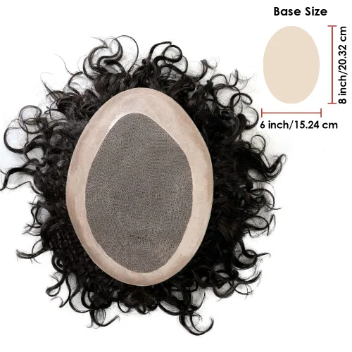 Miniatura 2 de Lordhair Mens Weave 6 * 8 "unidad de cabello humano negro 0.787 in rizado sistema de cabello para hombre con 1" PU recubierto perímetro toupee