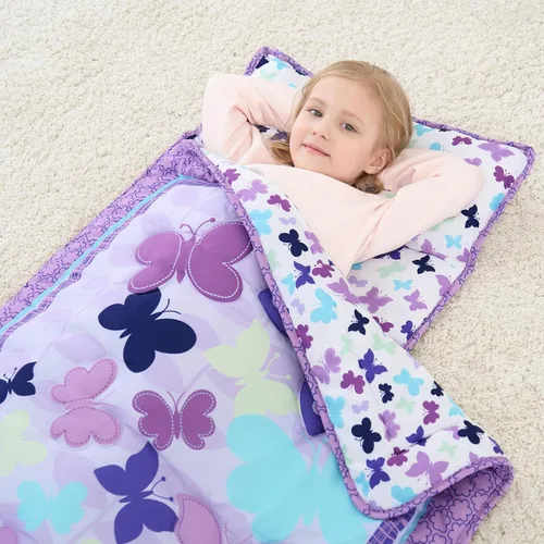 Miniatura 6 de UOMNY Tapete para siesta para niñas y niños pequeños con almohada extraíble y manta con diseño de mariposa, saco de dormir para preescolar