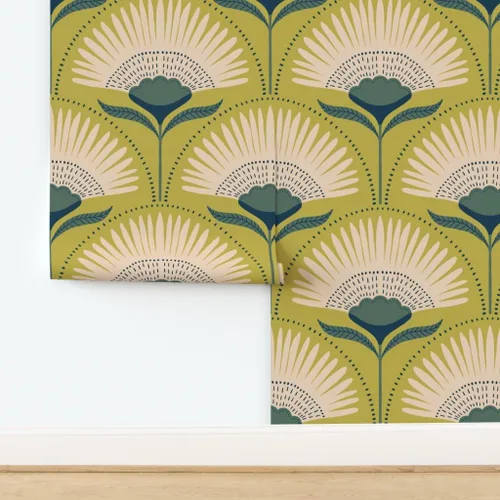 Miniatura 4 de Muestras de papel tapiz para despegar y pegar, diseño Art Deco de flores verdes, geométrico, divertido, jumbo, papel tapiz extraíble personalizado