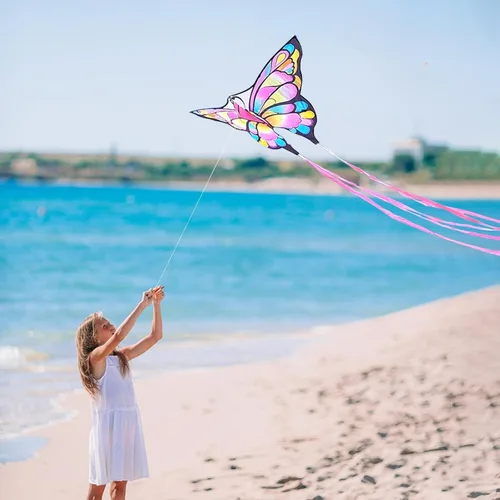 Miniatura 2 de Simxkai Cometa de mariposa para niños y adultos, fácil de volar azul cometa grande para principiantes, mango de línea incluido