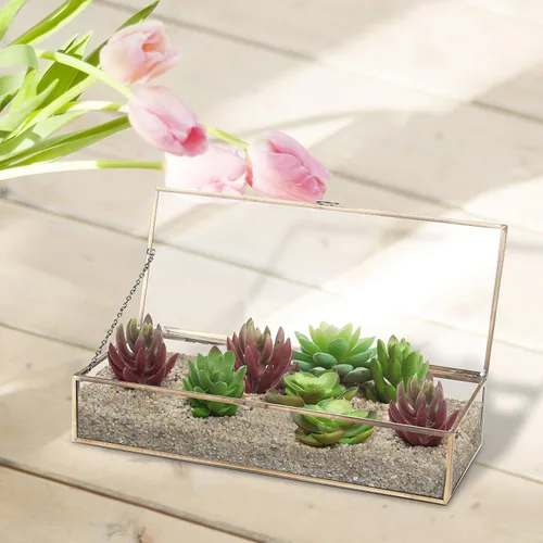 Miniatura 2 de Metal y latón de estilo clásico espejo de vidrio transparente & Shadow Box Jewelry Display Case ctapa abatible con parte superior