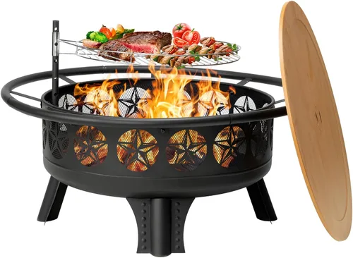 Miniatura 8 de Verdeluxe Pozo de fuego de 32 pulgadas con rejilla de cocción giratoria, hoguera de leña 3 en 1 con parrilla, mesa de fogata al aire libre con tapa