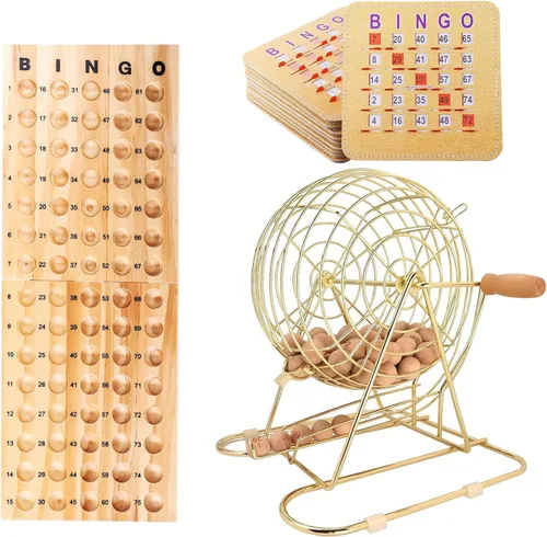 GSE Games & Sports Expert Juego de Bingo de Lujo con Jaula Grande de Latón, 10 Tarjetas de Bingo con Ventanillas Deslizantes, Tablero Principal de