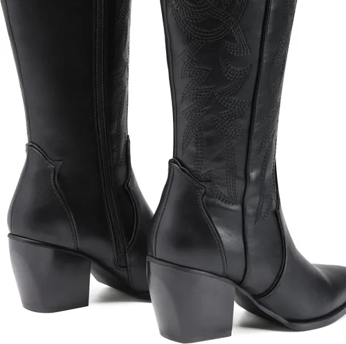 Miniatura 6 de DREAM PAIRS Botas vaqueras para mujer, cómodas botas altas hasta la rodilla con tacón grueso, punta puntiaguda, bordadas con vaquera occidental