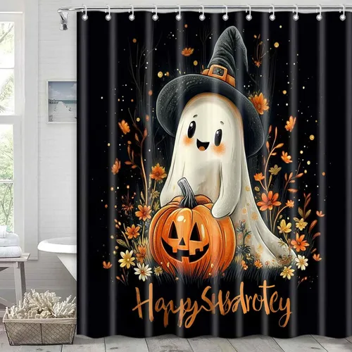 Miniatura 9 de Cortinas de ducha de Halloween para baño, bonito juego de cortinas de baño de calabaza fantasma, cortina de ducha floral de otoño y otoño, tela