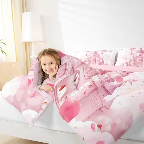 Miniatura 7 de Feelyou Juego de edredón de castillo rosa para niños, tamaño individual, juego de ropa de cama de princesa para niños y niñas, inserto de edredón