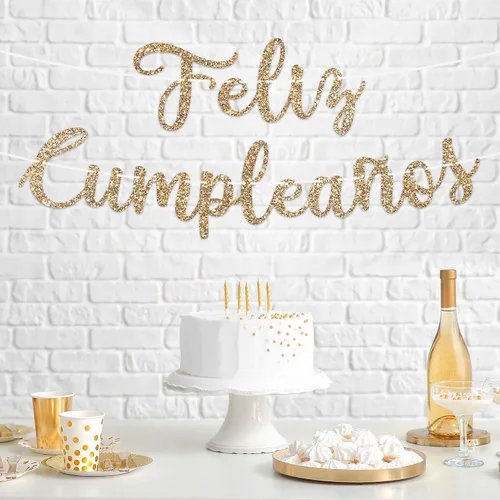Miniatura 2 de Cartel de Feliz Cumpleaños pre-encordado – No DIY – Cartel español de fiesta de feliz cumpleaños con purpurina dorada – Guirnalda de guión