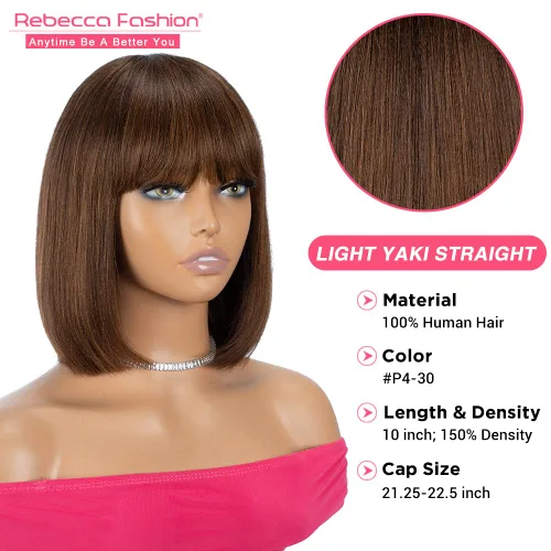 Miniatura 4 de Rebecca Fashion Peluca de cabello humano castaño con flequillo de 10 pulgadas, pelucas de cabello humano lacio Yaki claro para mujeres negras, sin