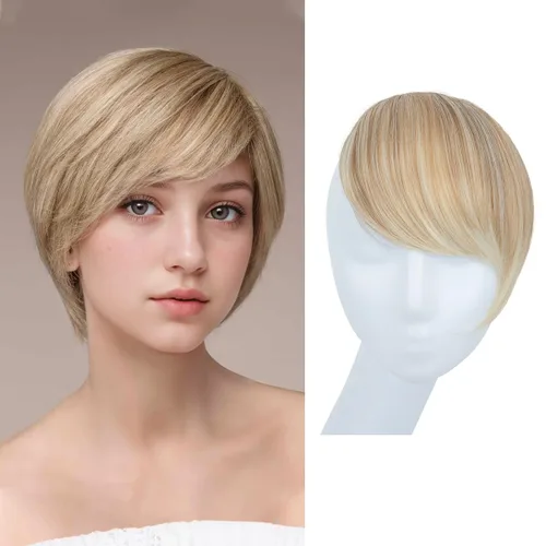 Miniatura 9 de SARLA Flequillo lateral negro marrón con clip en piezas de cabello sintético, extensión de flequillo recto para mujeres