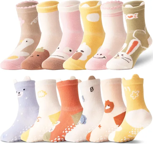 Miniatura 9 de ANTSANG 12 pares de calcetines de bebé para niñas, niños, niños pequeños con empuñaduras, calcetines de tripulación de algodón