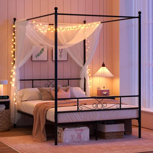 Miniatura 4 de Weehom Marco de cama con dosel, tamaño matrimonial, marco de cama con cabecera y estribo, base de colchón de 4 pósters, no necesita somier