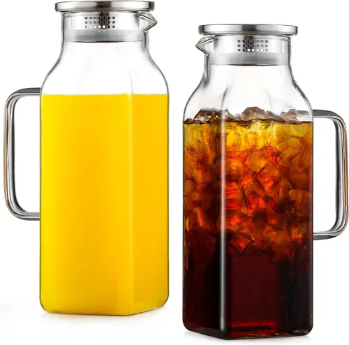 Miniatura 8 de 2 Pack de jarras de vidrio cuadrado de 2 litros/68 oz con tapa y asa para refrigerador, jarra para té helado y café, recipiente para bebidas, jarra