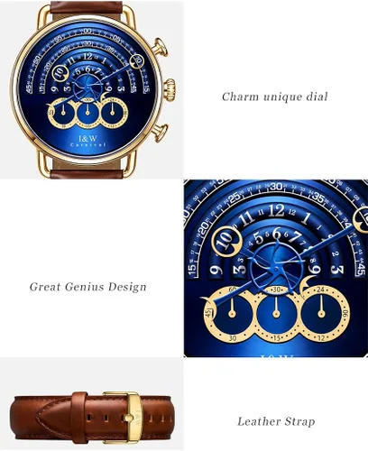 Miniatura 2 de Luxury Mens Big Dial Chronograph Sapphire Glass Waterproof Quartz Black Leather Gold Watches