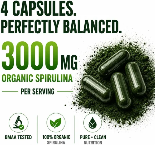 Miniatura 5 de Cápsulas de espirulina en polvo de 3000 mg – Algas azules verdes no irradiadas más puras – La mejor proteína vegana cruda – Superalimento verde