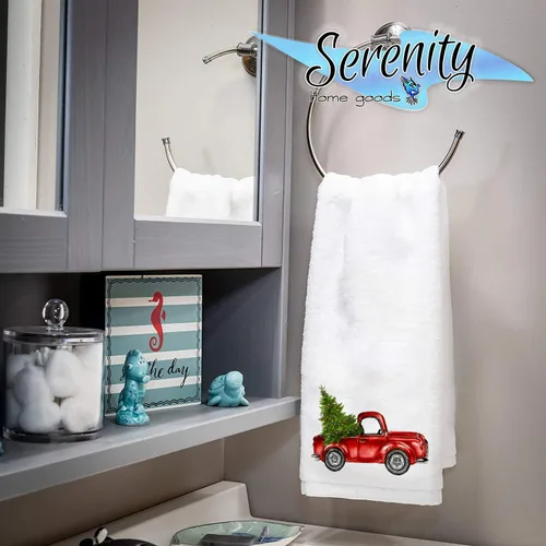 Miniatura 7 de Plato decorativo de cocina y toallas de mano de baño Lindo camión rojo rústico colorido con árbol de Navidad verde Toalla de té blanca