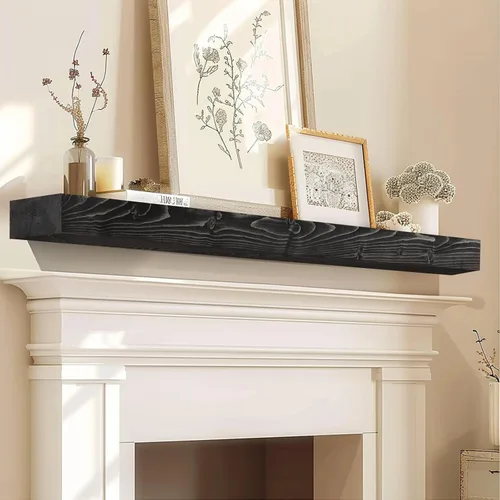 Miniatura 9 de Repisa de chimenea de 48 pulgadas, madera maciza rústica hecha a mano de 3 pulgadas de grosor, estante flotante largo de pared con soporte de metal