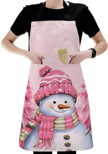 Miniatura 6 de Pink Snowman Christmas Bib Aprons with Pockets Waterproof, Adjustable Apron for Men Women Xmas Tree Winter Snowflake Pink