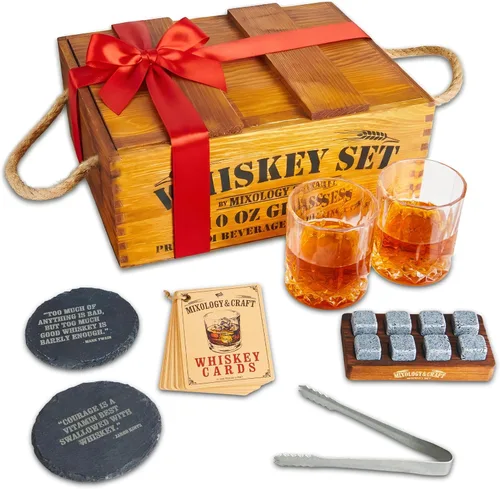 Mixology & Craft Juego Premium de Whisky | Dos vasos de cristal de 10oz estilo antiguo, 8 piedras enfriadoras de granito, pinzas metálicas, tarjetas