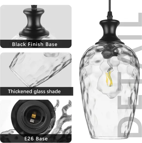 Miniatura 2 de Luces colgantes de cristal para isla de cocina, 1 luz negra con vidrio transparente soplado a mano, lámpara colgante de granja para fregadero