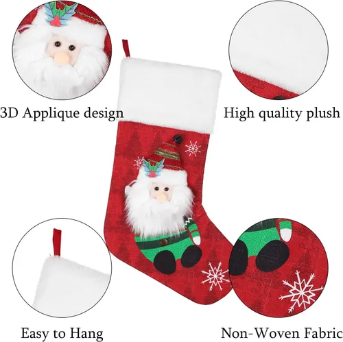 Miniatura 5 de COOLWUFAN Paquete de 4 medias de Navidad de 19 pulgadas con copo de nieve, Papá Noel, muñeco de nieve, reno, pingüino y felpa de piel sintética
