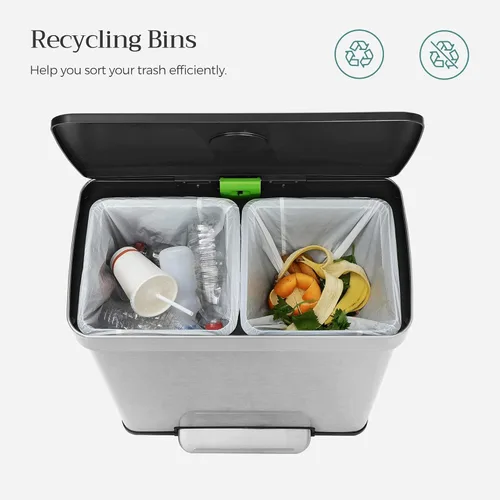 Miniatura 10 de SONGMICS Basurero de cocina de 16 galones (2 x 8 galones) con doble compartimento, cubo de reciclaje de pedal de 60 L, se mantiene abierto y cierre