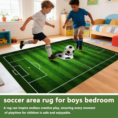 Miniatura 6 de Alfombra de campo de fútbol infantil de 2.6 x 4 pies para dormitorio de niños, alfombra de campo de fútbol verde antideslizante, alfombra