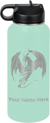 Miniatura 66 de LaserGram Botella de agua con tapa abatible de doble pared de 12 onzas con pajilla, dragón, grabado personalizado incluido (negro)
