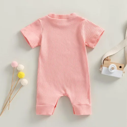 Miniatura 4 de BULINGNA Mameluco de verano para bebé, niña, niño, cuello redondo, color liso, de punto, acanalado, traje corto de una pieza