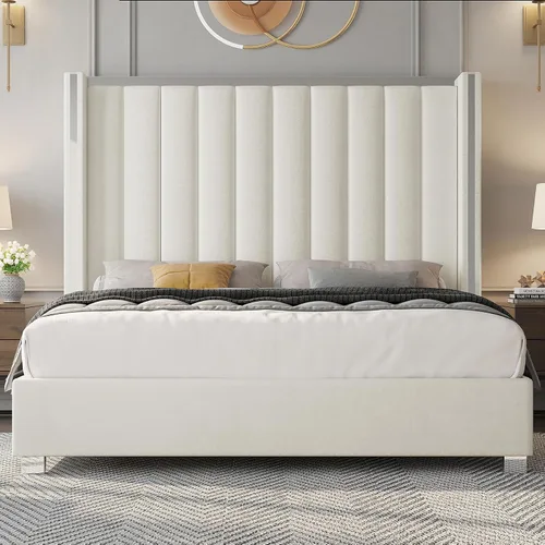 Miniatura 4 de Jocisland Base de cama tamaño Queen con cabecero de 58 pulgadas de alto, cama tapizada de terciopelo con plataforma con cabecera con alas capitoné