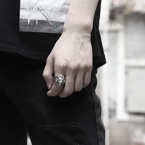 Miniatura 2 de Yumikoo Anillo de león para hombre, anillo de titanio y acero inoxidable abierto y ajustable