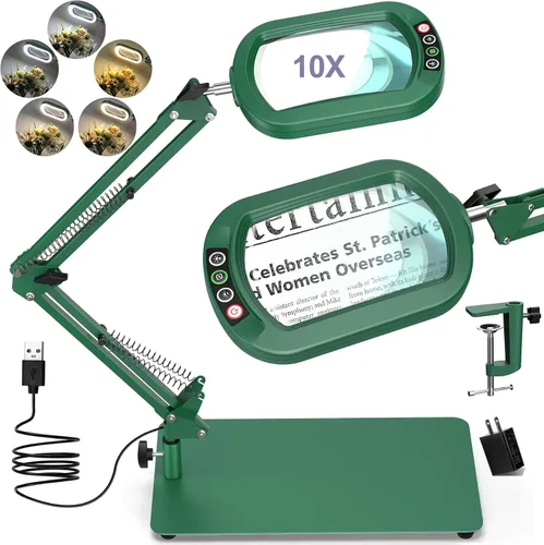 Miniatura 12 de Drdefi Lupa cuadrada de 10X con luz y soporte, lupa de cristal real iluminada con LED, 5 modos de color regulable continuo, lámpara de escritorio