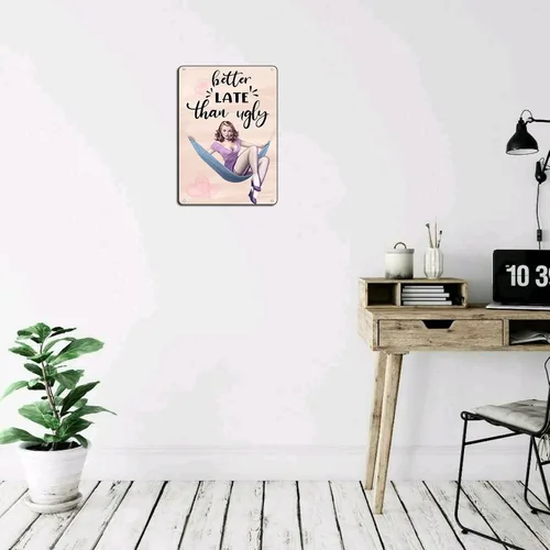 Miniatura 5 de Letrero decorativo de baño Pin Up Girl Metal Tin Sign Better Late Than Ugly Retro Decoración de pared para decoración de baño, dormitorio, vestido