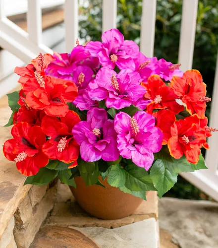 Miniatura 17 de HyeFlora Flores artificiales para exteriores, hibisco sintético, decoración exterior de verano, 4 paquetes de plantas artificiales tropicales