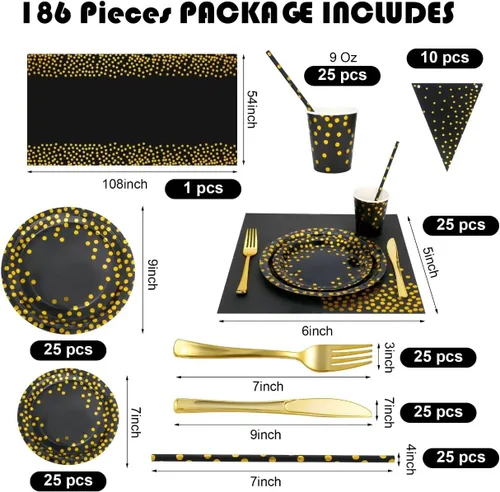 Miniatura 2 de Sylken Juego de vajilla de fiesta de 186 piezas en negro y dorado - 25 invitados, platos de papel, servilletas, vasos de papel y vajilla
