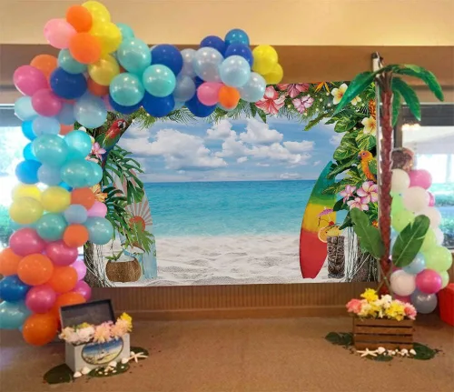 Miniatura 2 de Fondo de playa hawaiana para verano, flores tropicales, fondo de fotografía Luau, tabla de surf, cielo azul, hojas de palma, Aloha, decoraciones