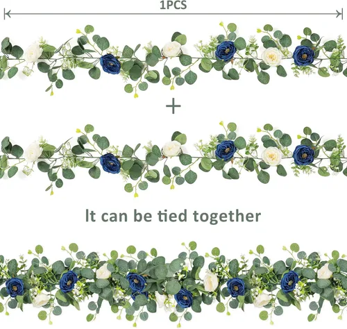 Miniatura 5 de TOCHGREEN Paquete de 2 guirnaldas de flores de eucalipto artificiales de 13 pies con rosas blancas y azules, guirnalda de follaje de rosas falsas
