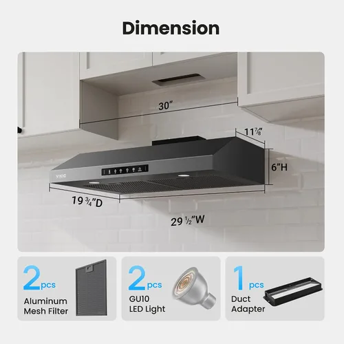 Miniatura 9 de VIKIO HOME Campana extractora para debajo del gabinete de 30 pulgadas, 900CFM, campana extractora de acero inoxidable para cocina, control