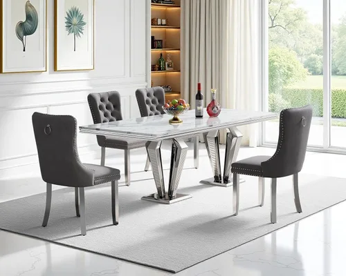 Miniatura 68 de Juego de mesa de comedor de mármol sintético, 7 piezas, juego de mesa de cocina y comedor para 6, mesa de comedor rectangular blanca de 70 pulgadas