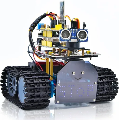 KEYESTUDIO Mini Tank Kit V2 Smart Car para Arduino, IR infrarrojo y control remoto de aplicaciones (iOS y Android), seguimiento ligero y