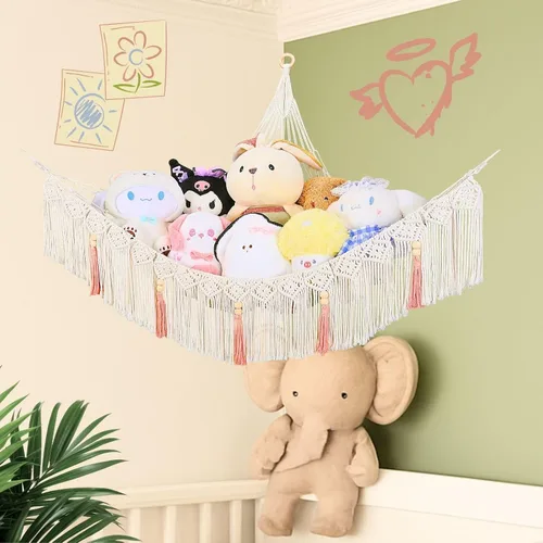 Miniatura 6 de Hamaca para animales de peluche, hamaca grande de macramé de felpa, red de almacenamiento de animales de peluche