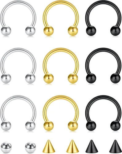 Miniatura 9 de D.Bella Anillos de herradura para el tabique de nariz de acero quirúrgico 16G 18G 20G Joyería de piercing para nariz, cartílago, hélix, tragus, aro