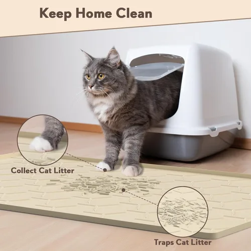 Miniatura 2 de Garoopion Tapete de Silicona para Atrapar Arena para Gatos, Grande Impermeable 34" X 22" Tapete para Caja de Arena de Gatos, Fácil de Limpiar, Beige