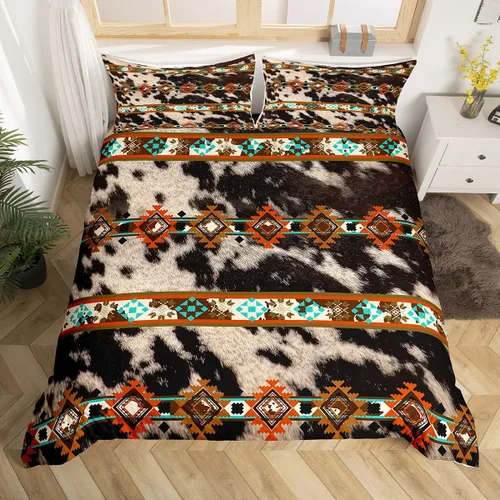 Miniatura 20 de Erosebridal Funda de edredón de piel de vaca marrón con estampado de vaca de las tierras altas, juego de ropa de cama occidental exótico azteca