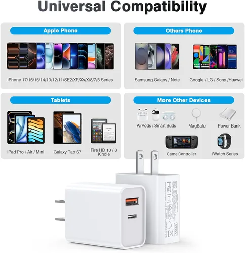 Miniatura 3 de Bloque de cargador de pared USB C de 20 W, paquete de 3 unidades de bloque de carga rápida tipo C de doble puerto PD de suministro de energía
