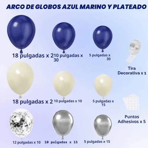 Miniatura 2 de Kit de arco de globos de color azul marino, plateado, doble relleno, blanco perla, azul real, azul oscuro, plateado, cromado, con globos de confeti