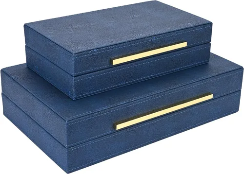 Miniatura 4 de Juego de 2 cajas decorativas de cuero sintético azul marino, grandes cajas de almacenamiento anidadas decorativas con tapas para organizador